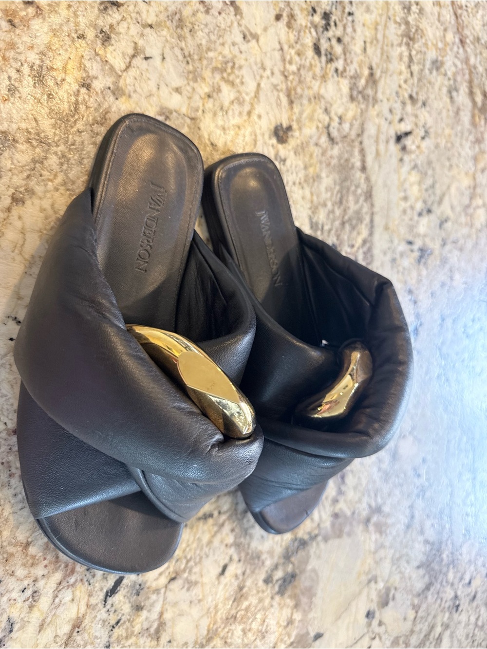 JW ANDERSON Black Leather Knot Slide Mules with Gold Accent